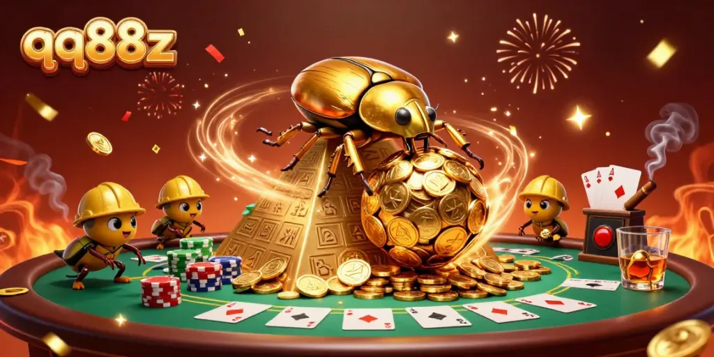 Engage with the thrilling action of qq88z as golden coins dance and beetles strategize in an epic casino showdown.
