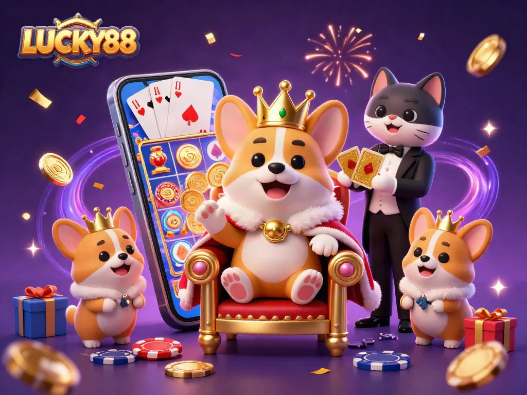 Experience LUCKY88 gameplay with cartoon royalty surrounded by festive gambling elements.