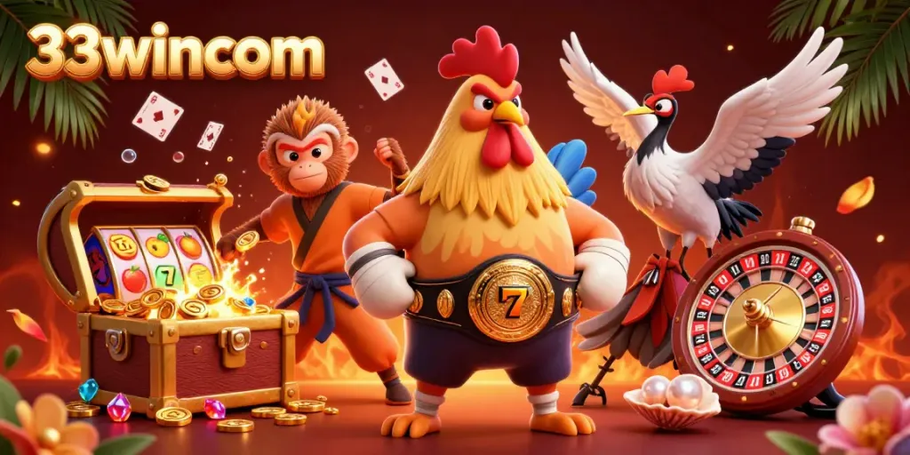 Engage in thrilling gameplay at 33wincom with colorful slot reels and vibrant casino characters.