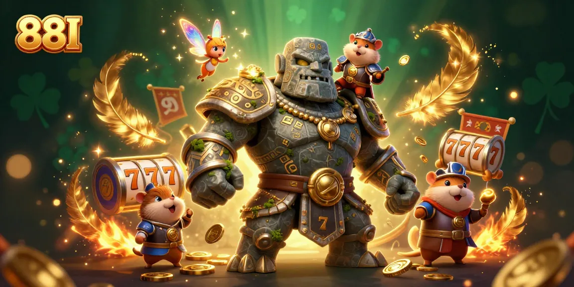 Engage in 88I gaming excitement with a magical scene featuring a golem and fairy in a casino backdrop.