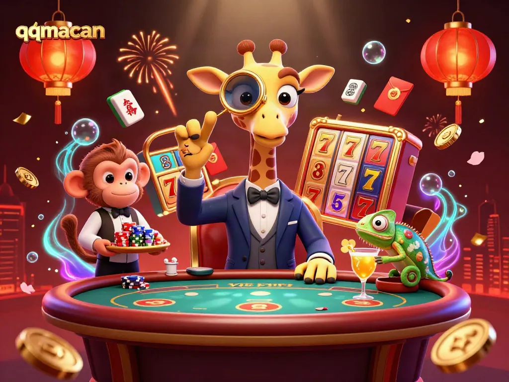 Spin and win with qqmacan's vibrant gaming scene featuring lively characters and slot reels.