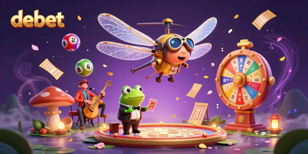Engage in thrilling games at debet with a vibrant 3D casino scene showcasing a dragonfly pilot and frog dealer.
