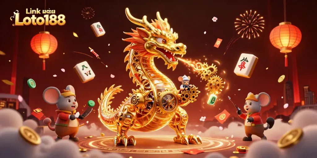 Engage with the action at Link vào Loto188, showcasing a golden dragon amid mahjong tiles and fireworks.