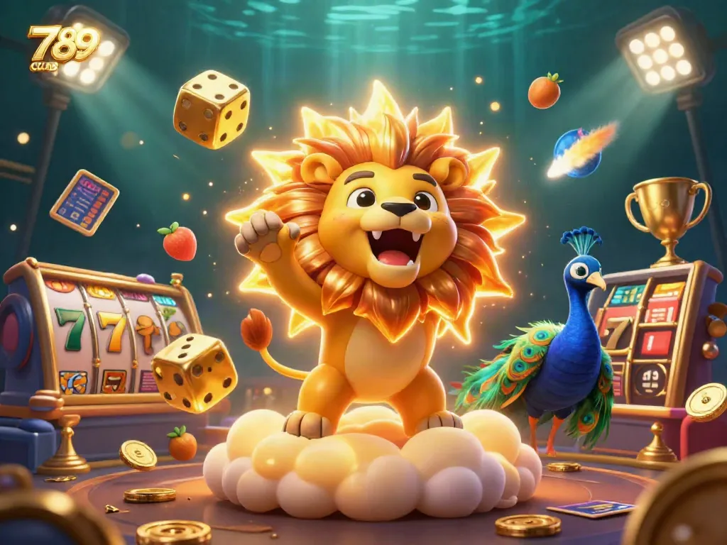 Experience thrilling wins with 789CLUB in this vibrant 3D casino scene featuring slot reels and golden trophies.