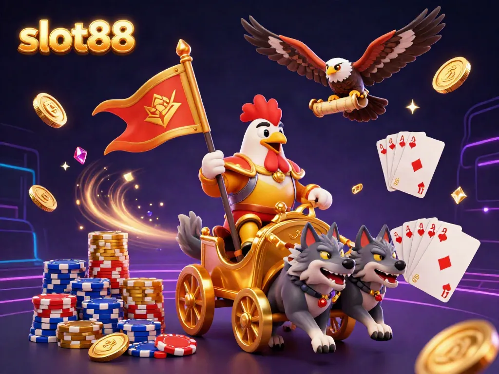 Experience the thrill of slot88 with a cartoon rooster warrior amidst coins and chips.