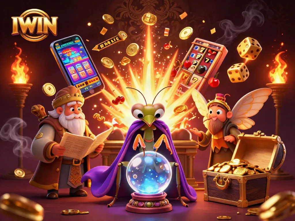 IWIN engages exciting gameplay as a cartoon mantis fortune teller reveals fortunes among dynamic casino symbols.