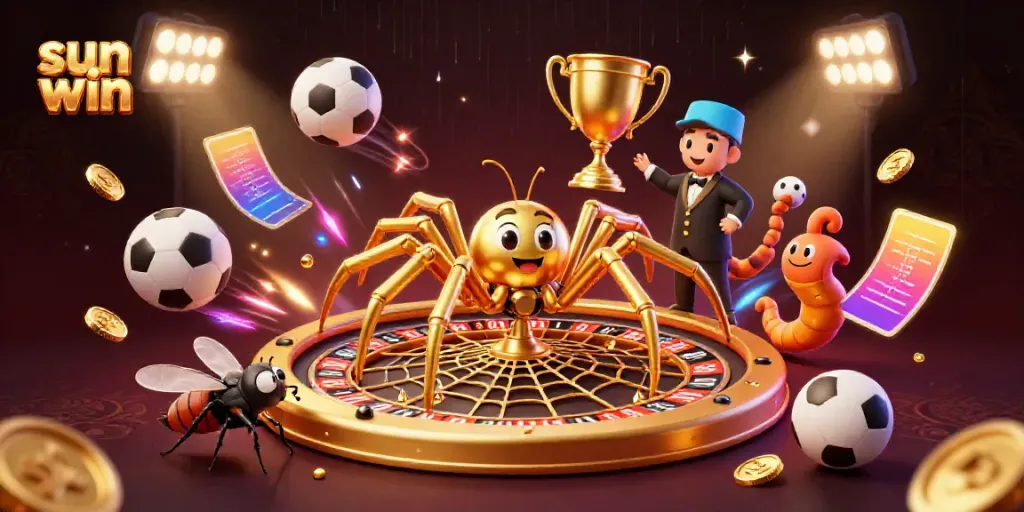 Engage in thrilling bets at the sun win casino with dynamic 3D illustrations of a spider and croupier in action.
