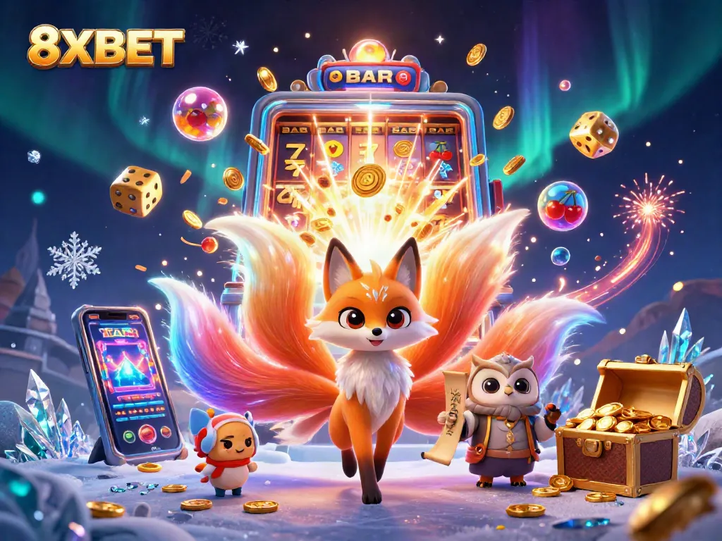 Experience thrilling gameplay at 8XBET with vibrant illustrations of jackpots and casino magic.