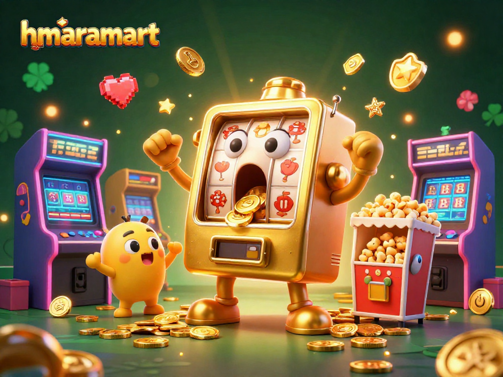 Engage with hmaramart as a golden slot machine hits a jackpot, coins overflow amid vibrant casino arcade elements.