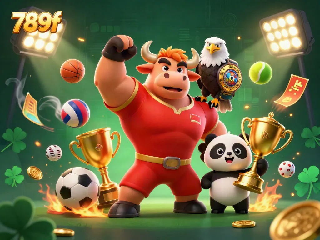 Experience thrilling victories at 789f with energetic mascots and sports elements depicted in a festive 3D scene.