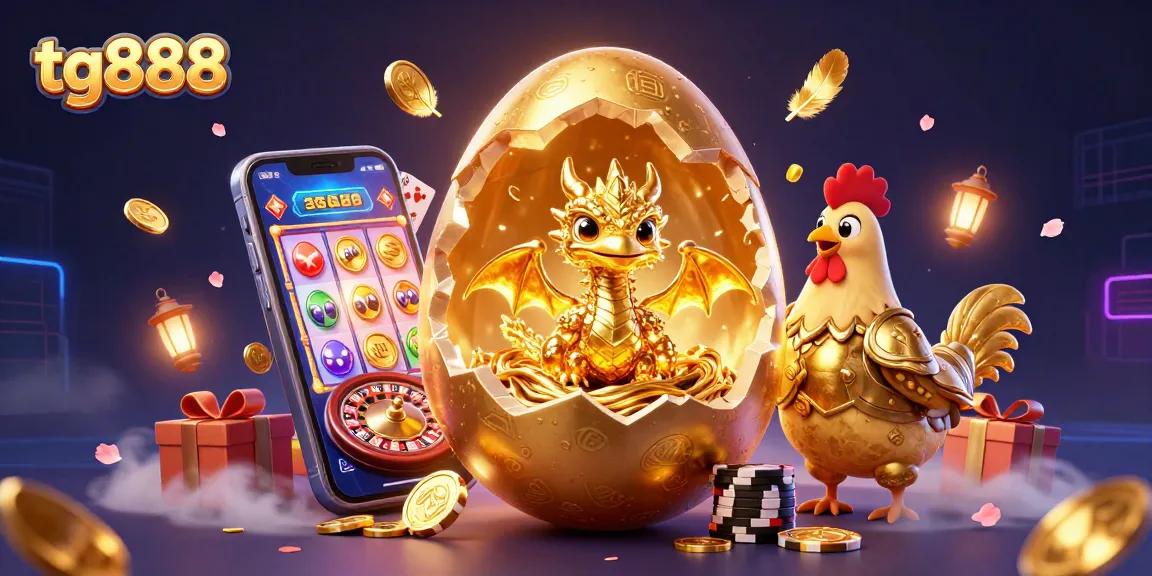 Experience the thrilling tg888 online casino scene with a golden baby dragon, poker chips, and exciting games.